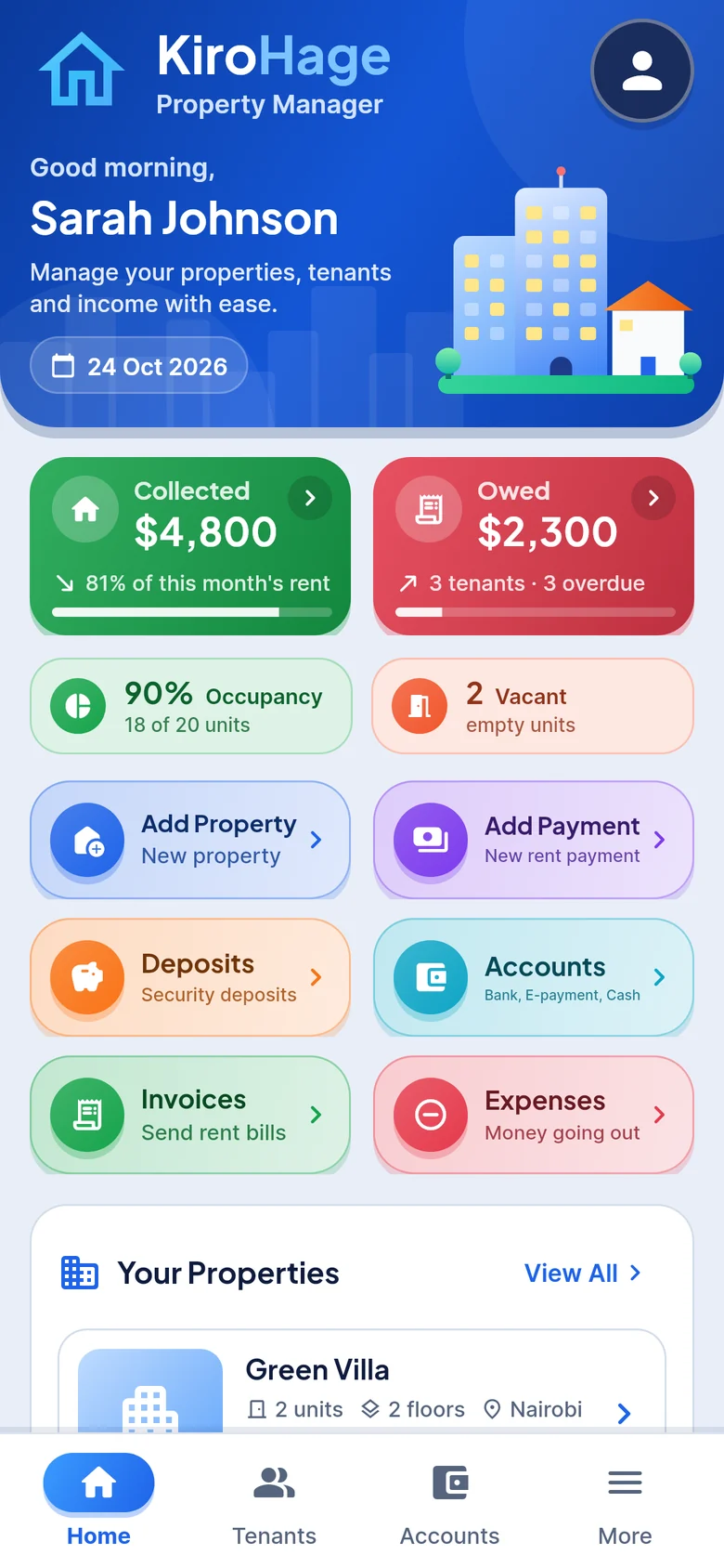 KiroHage home screen with rent collected and owed